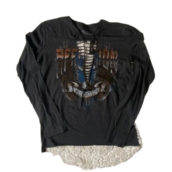 Affliction Long Sleeve Low Cut Sheer Lace Back Tee Shirt - Picture 2 of 6